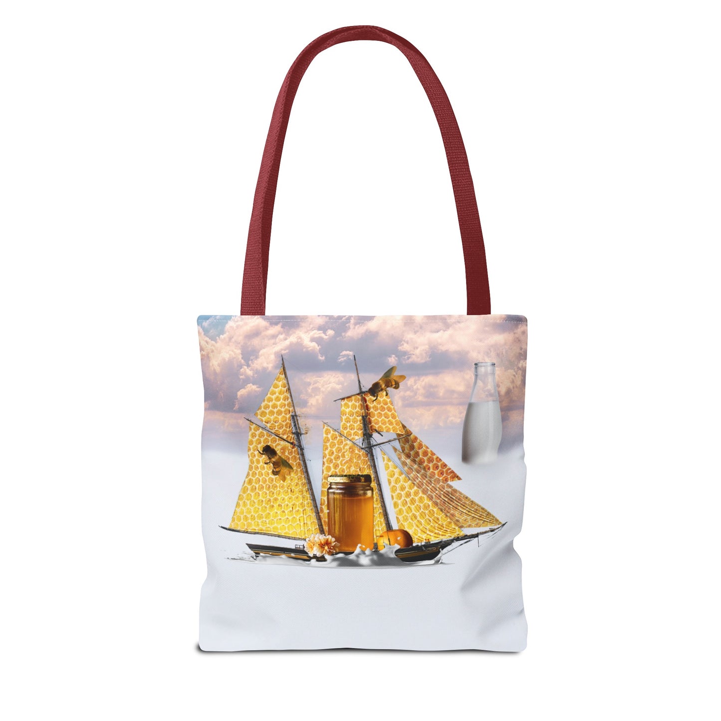 Tote Bag, Bees at Sea on Honeycomb Ship 'Milk & Honey' Surreal Whimsical Collage Art