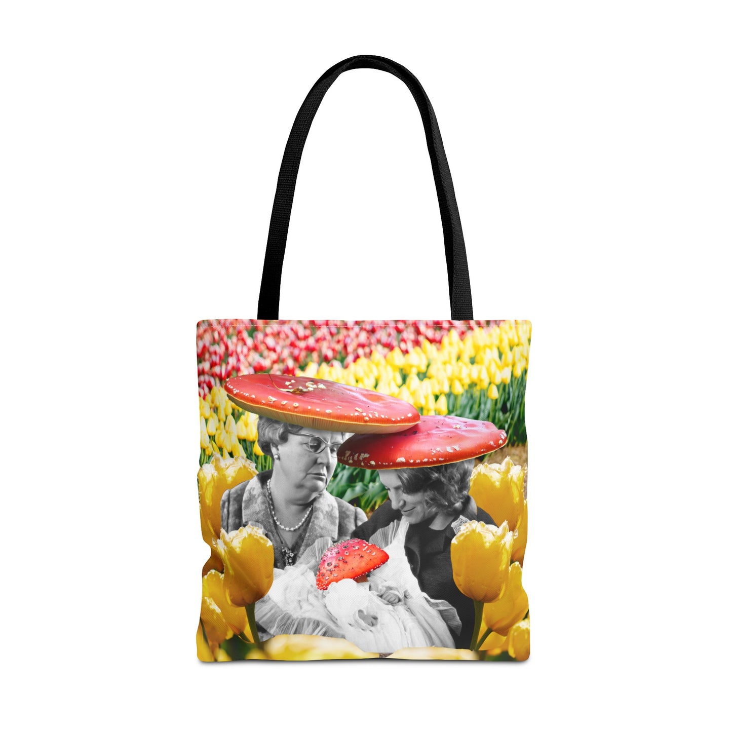 Happy Mushroom Family All Over Print Tote Bag - Surreal Collage Art "Nana's Little Mushroom" in a Field of Tulips