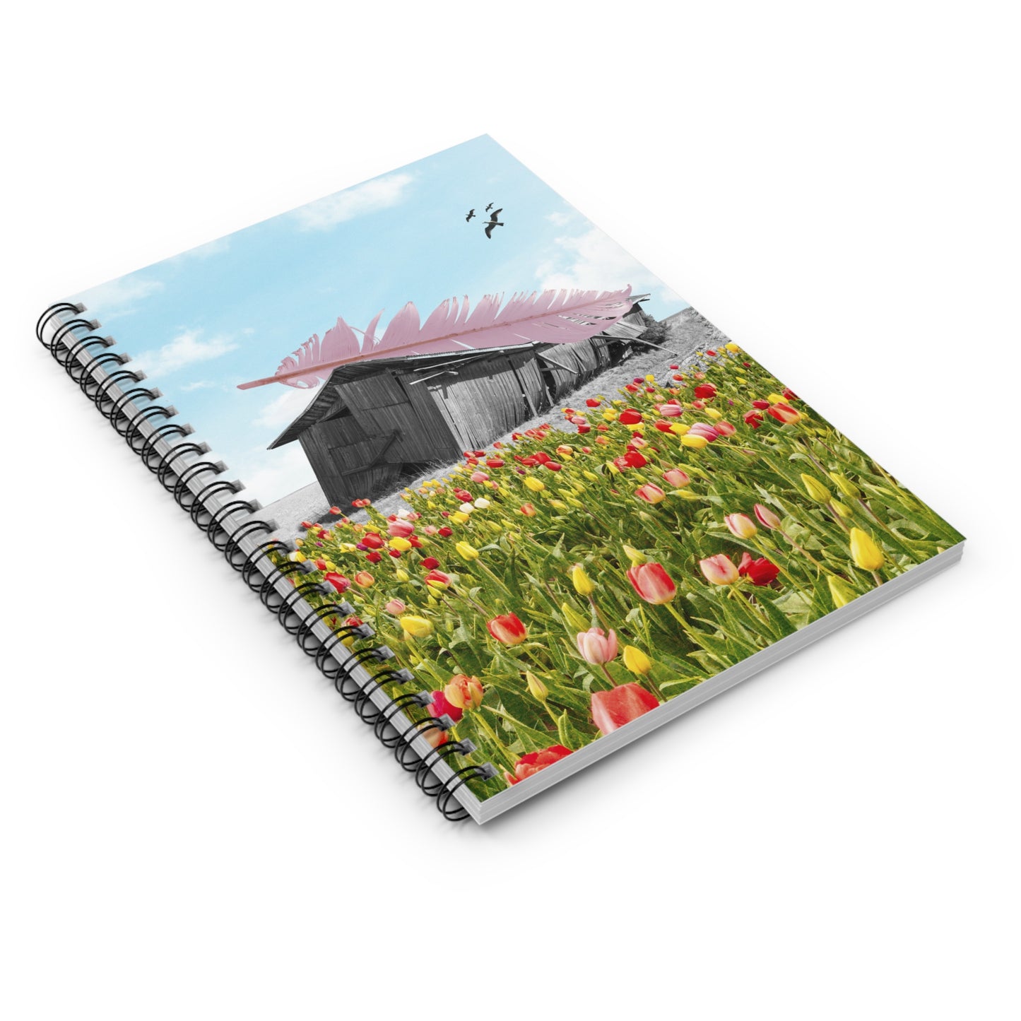 Surreal Collage Art Spiral Notebook: 'Strong As A Feather' Quaint Barn and Tulips