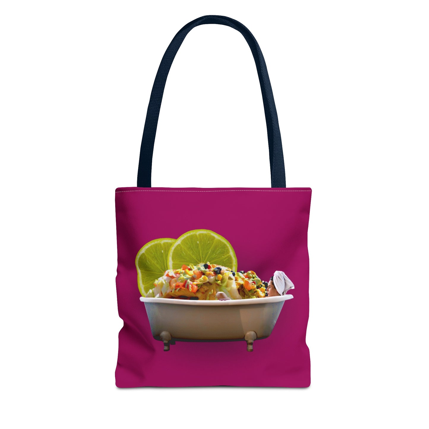 Food Lover's Delight: Woman Soaking in Bathtub with Burrito Tote Bag