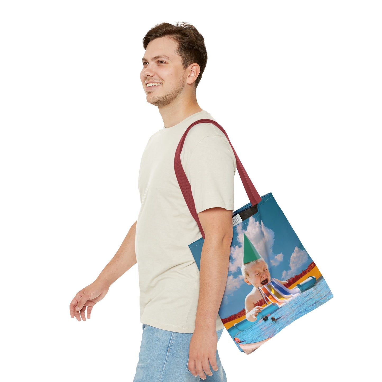 Vibrant Pool Party Beach Tote Bag - Surreal Art Print - Giant Baby and Colorful Pool Slide