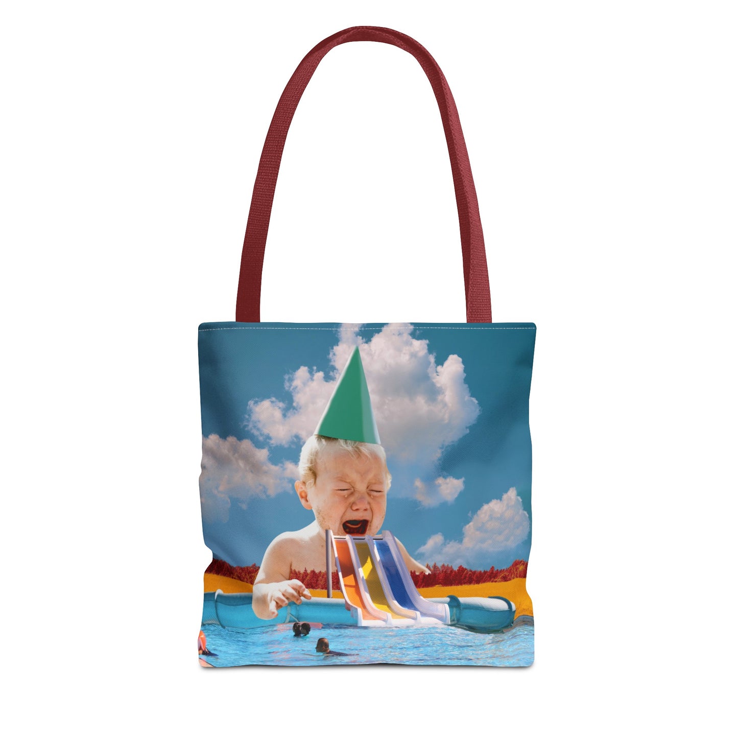 Vibrant Pool Party Beach Tote Bag - Surreal Art Print - Giant Baby and Colorful Pool Slide