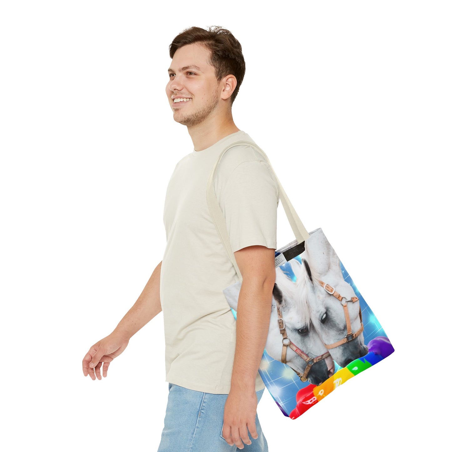 Unique Tote Bag "Pooping Rainbows" Art - White Horses Eating Rainbow Feed