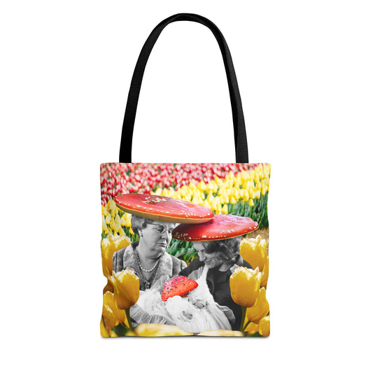Happy Mushroom Family All Over Print Tote Bag - Surreal Collage Art "Nana's Little Mushroom" in a Field of Tulips