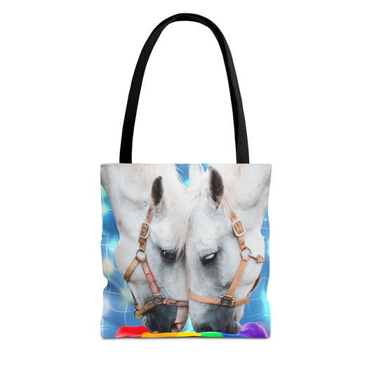 Unique Tote Bag "Pooping Rainbows" Art - White Horses Eating Rainbow Feed