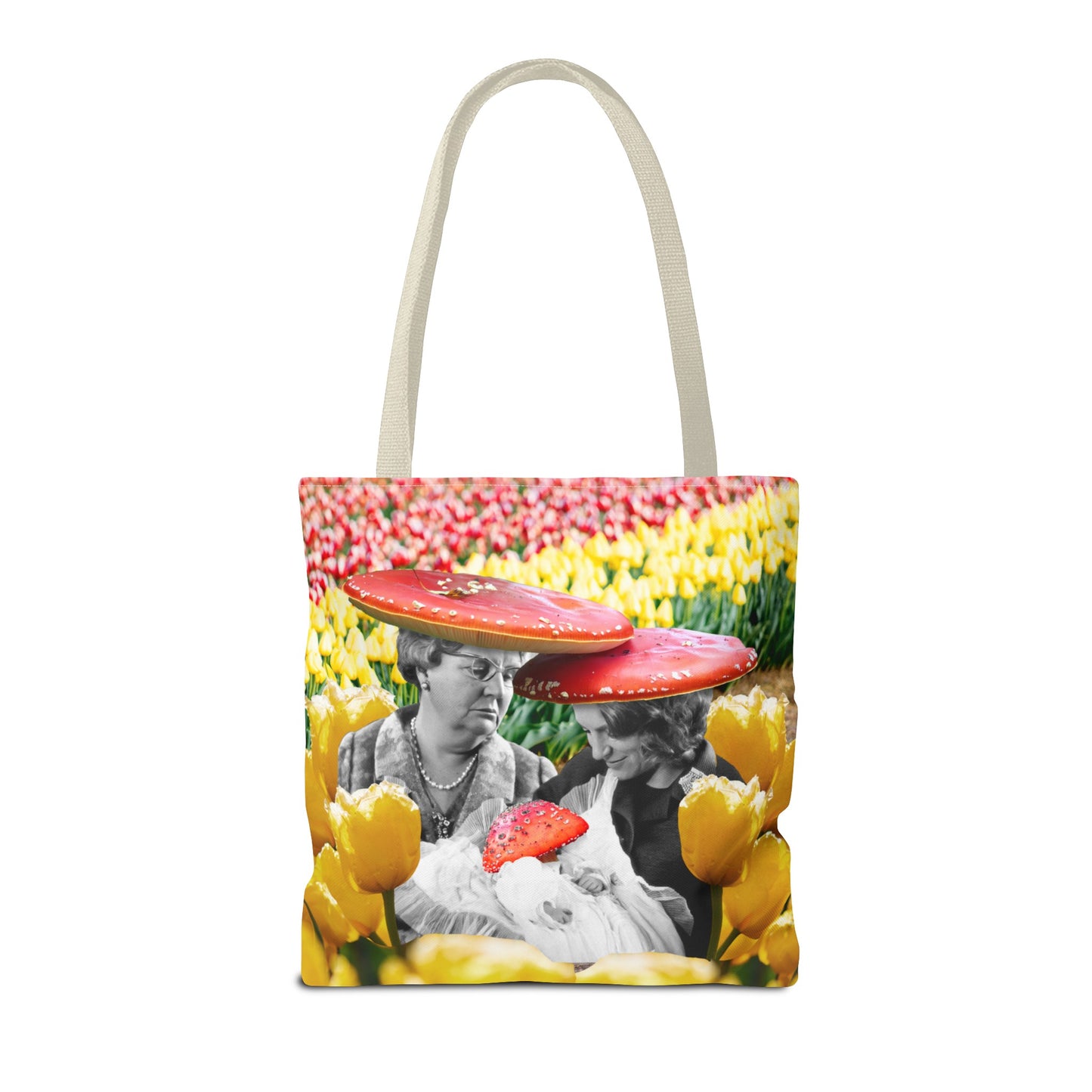 Happy Mushroom Family All Over Print Tote Bag - Surreal Collage Art "Nana's Little Mushroom" in a Field of Tulips