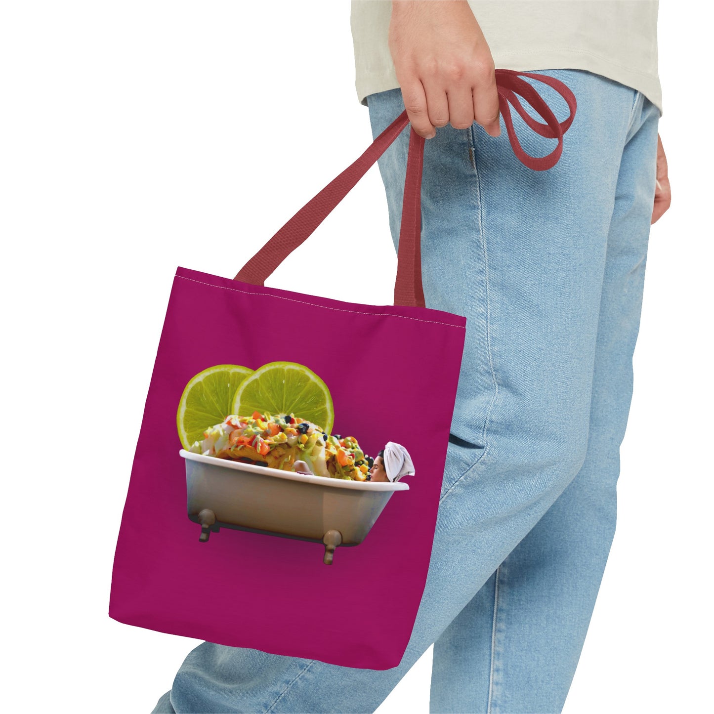 Food Lover's Delight: Woman Soaking in Bathtub with Burrito Tote Bag
