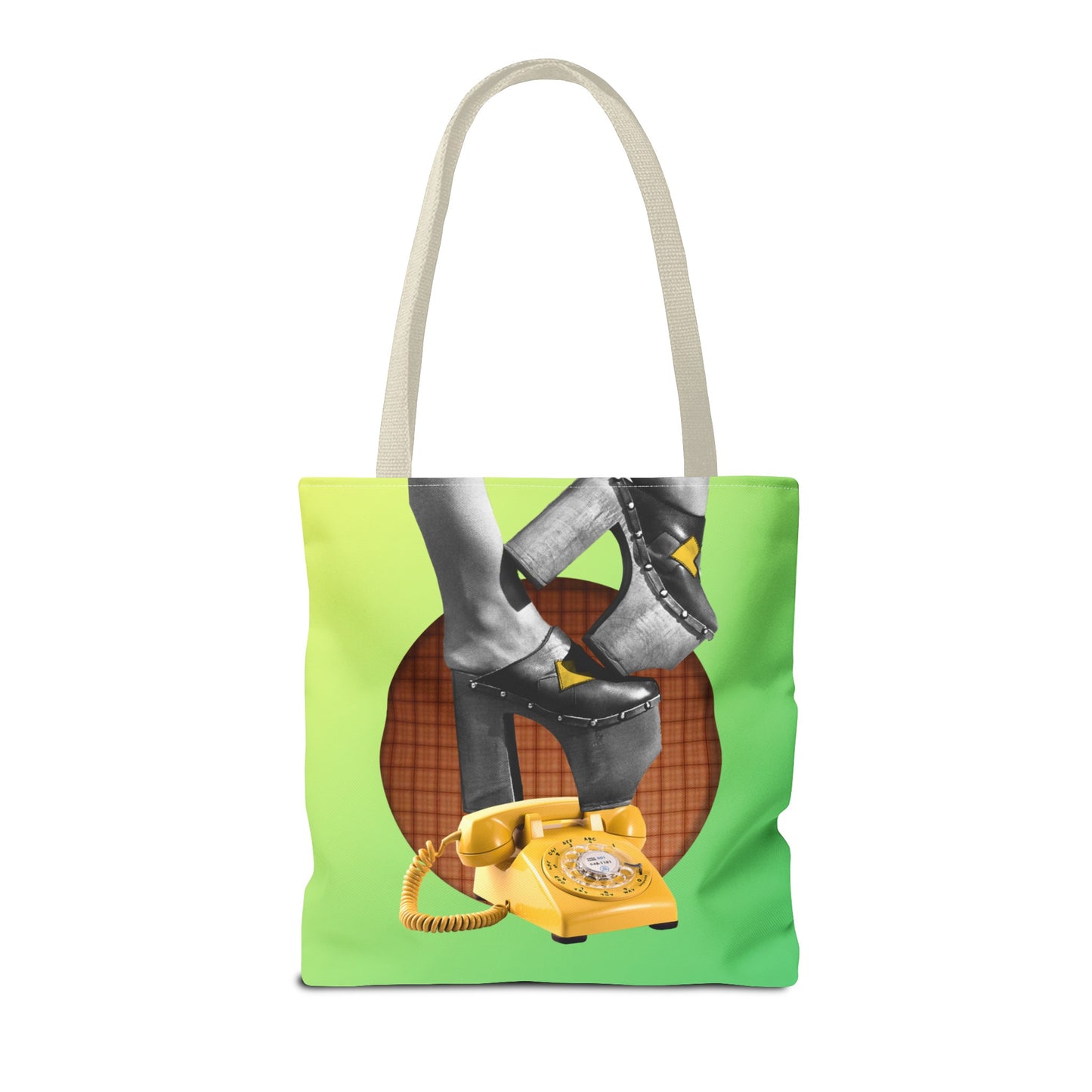 Playful Tote Bag with Collage Art "Hold My Calls" - 70's Platform Shoes and Yellow Rotary Phone