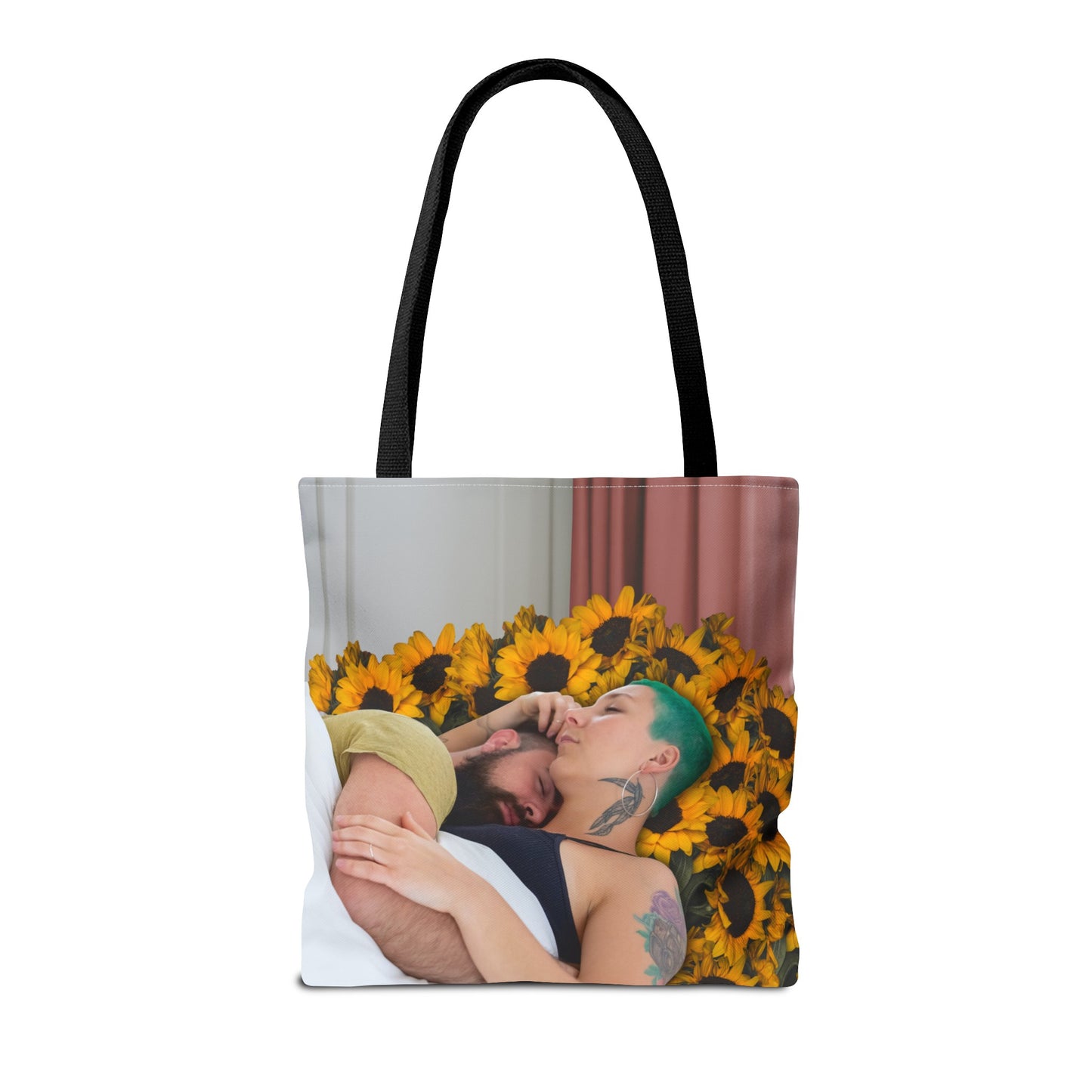 Tranquil Sunflowers Around Cuddling Couple Tote Bag Surreal Art - Loving Design "Sunflowers In Your Room"