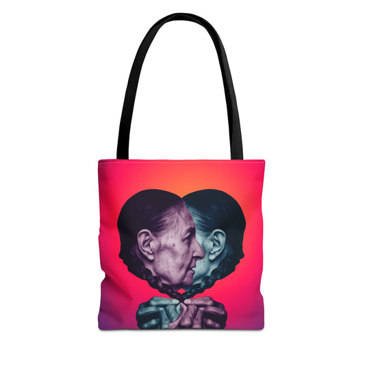 Mesmerizing Collage Art Tote Bag "Keeping Secrets" - Woman Whispering Secret into Her Own Ear