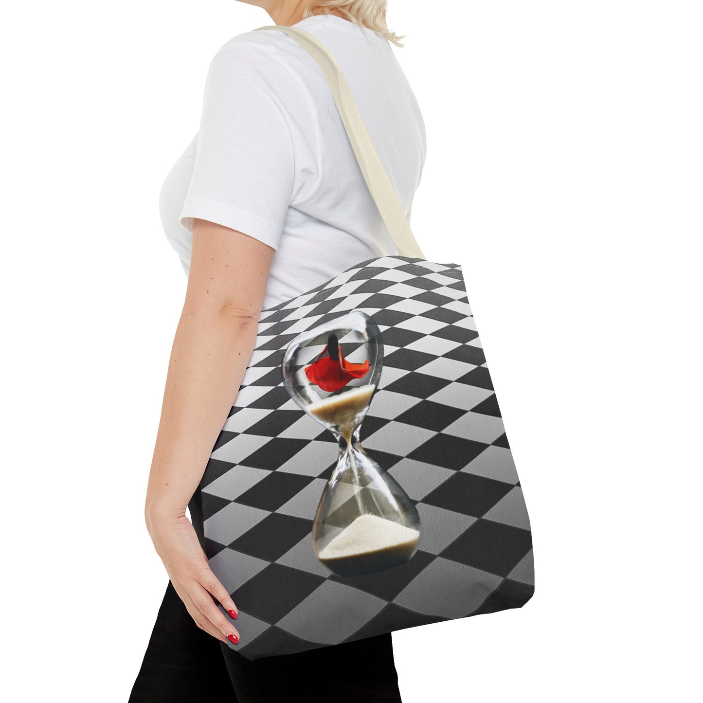 Red Dress Dancer Tote Bag - Surreal Art Checkerboard Design - Dance Through Life