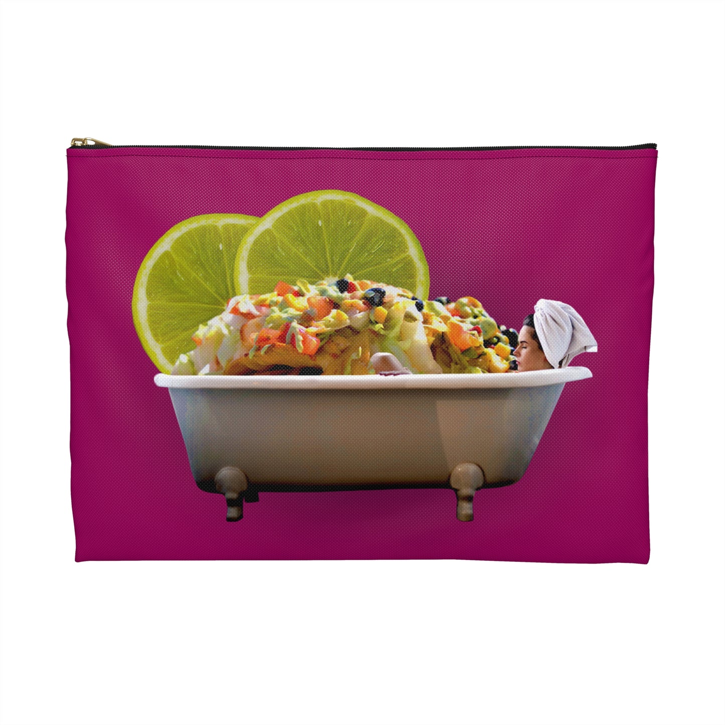 Food Lover's Delight Accessory Pouch - Woman Soaking in Bathtub with Burrito and Lime Wedges