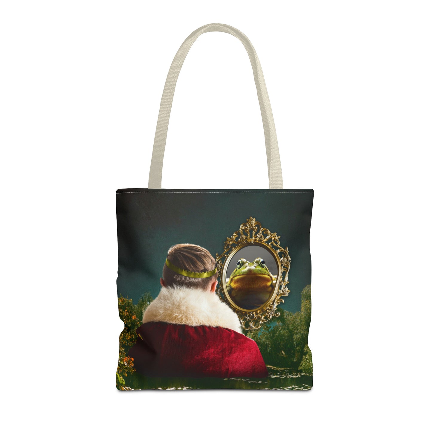 Frog Prince Reflection Tote Bag - Mystic Wetlands Collage Art Print