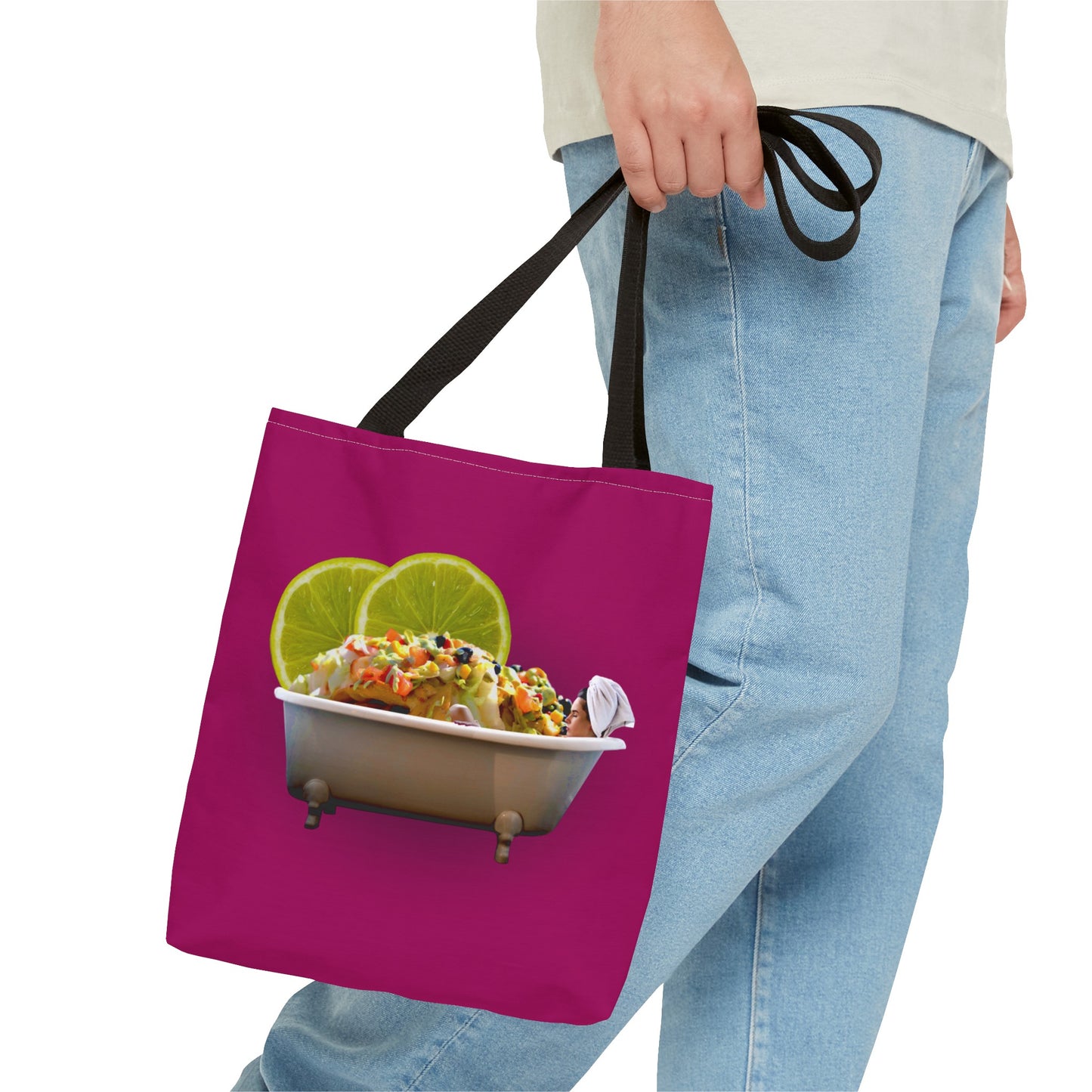 Food Lover's Delight: Woman Soaking in Bathtub with Burrito Tote Bag