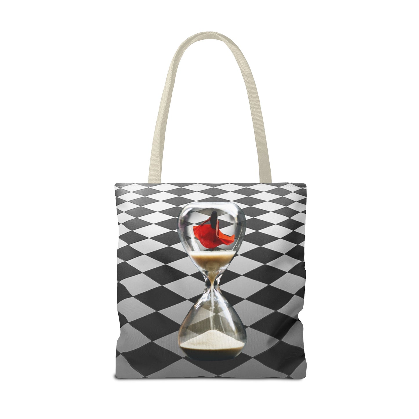 Red Dress Dancer Tote Bag - Surreal Art Checkerboard Design - Dance Through Life
