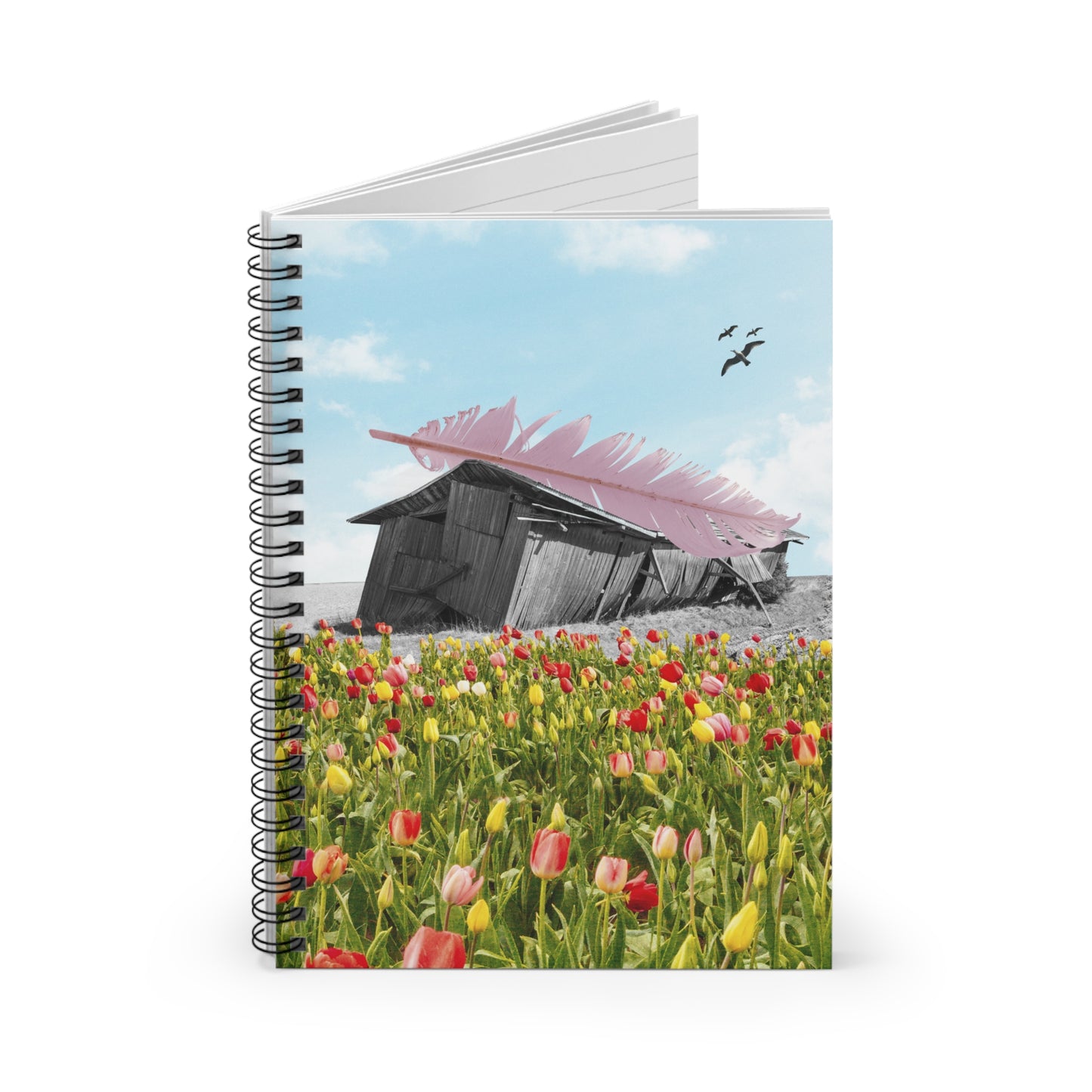 Surreal Collage Art Spiral Notebook: 'Strong As A Feather' Quaint Barn and Tulips