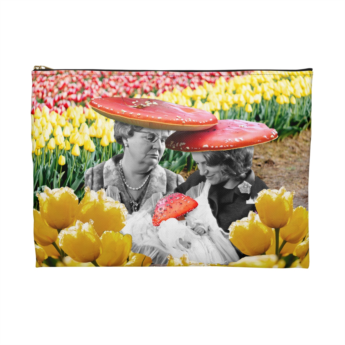Happy Mushroom Family Accessory Pouch - Surreal Collage Art "Nana's Little Mushroom" in a Field of Tulips