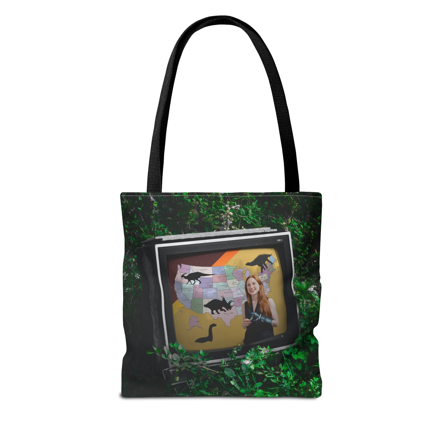 Unique Dystopian TV Scene Tote Bag with Weather Girl & Dinosaurs Map