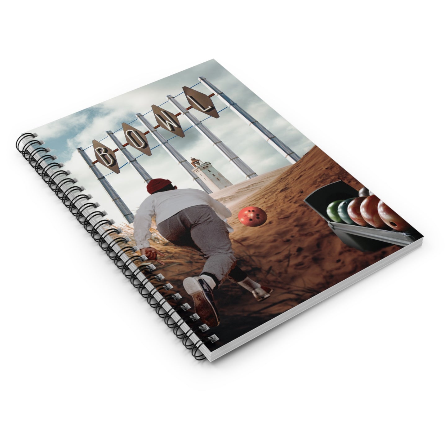 Unique Spiral Notebook with Bowling Themed Collage Art Print 'Striking Distance'