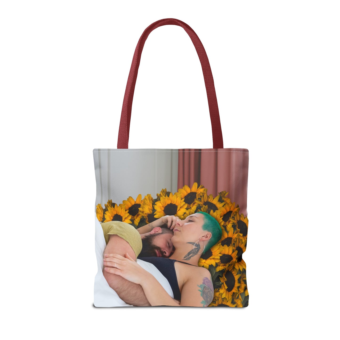 Tranquil Sunflowers Around Cuddling Couple Tote Bag Surreal Art - Loving Design "Sunflowers In Your Room"