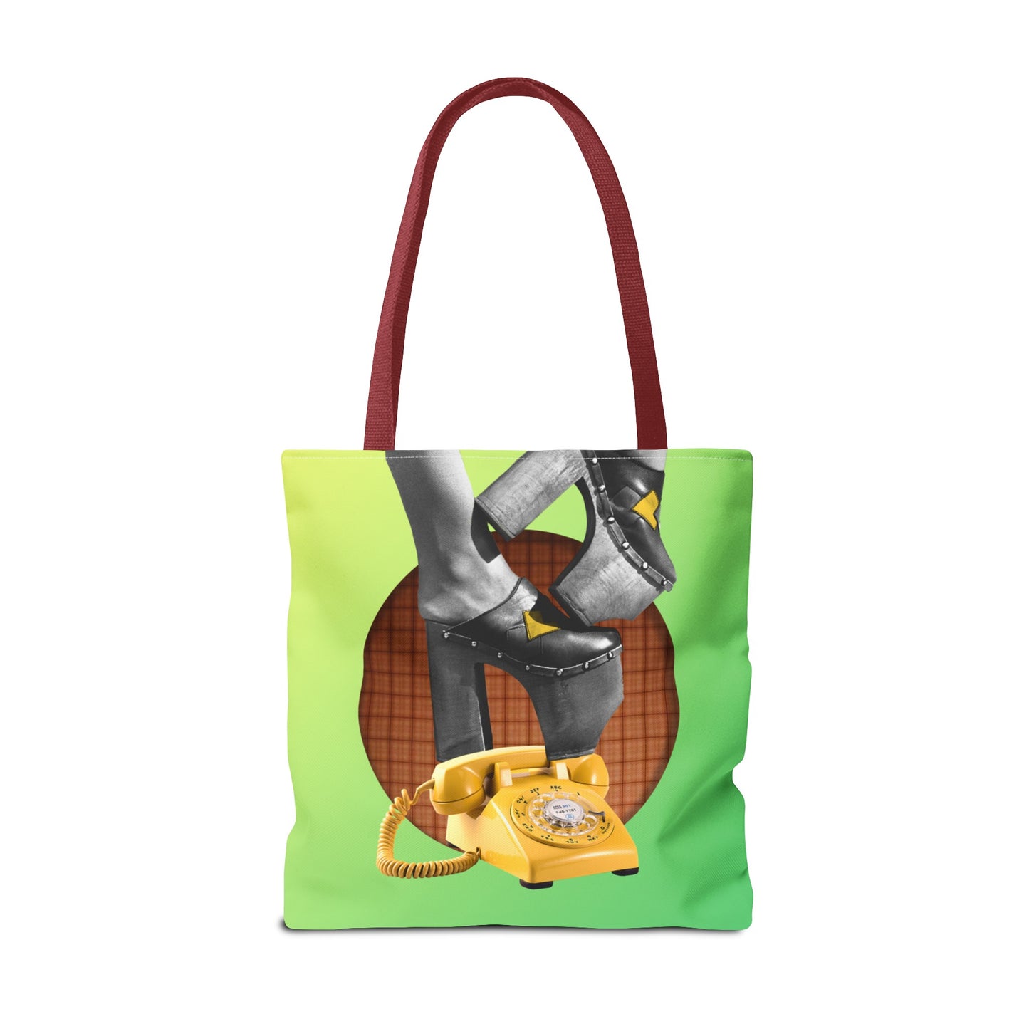 Playful Tote Bag with Collage Art "Hold My Calls" - 70's Platform Shoes and Yellow Rotary Phone