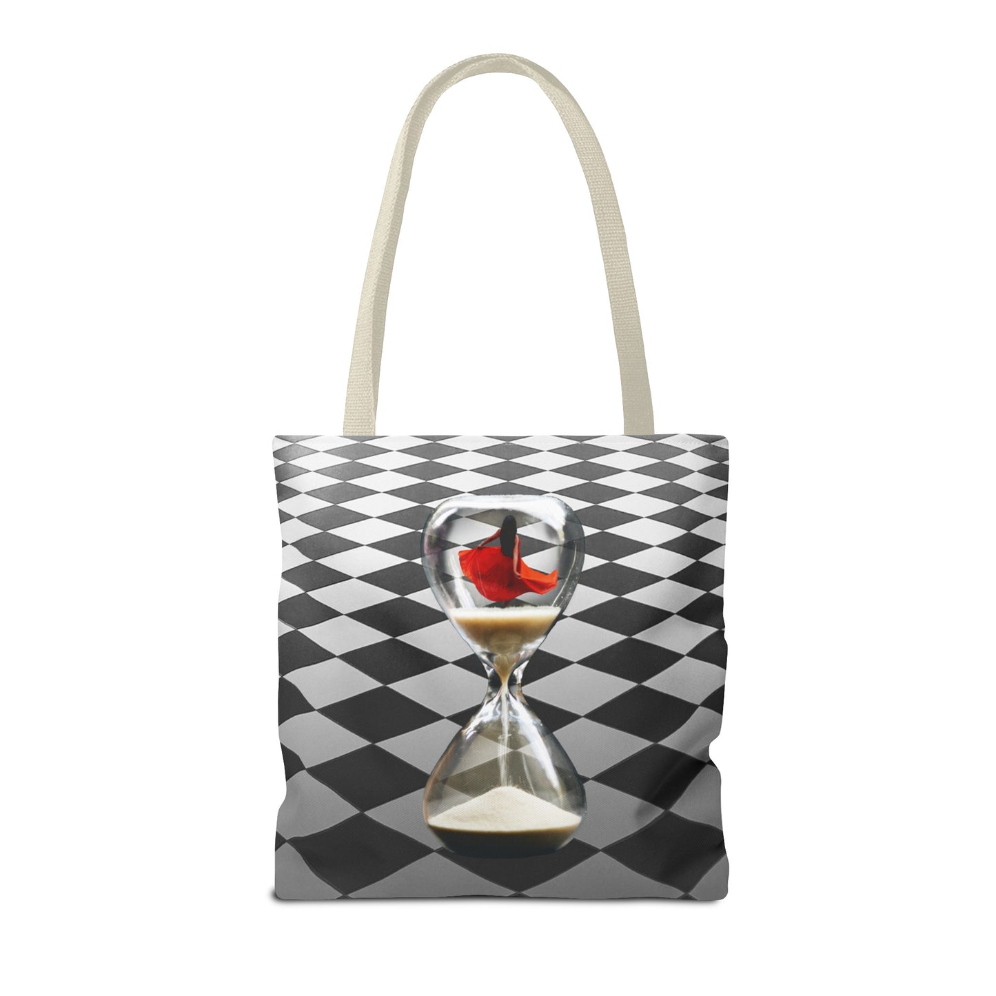 Red Dress Dancer Tote Bag - Surreal Art Checkerboard Design - Dance Through Life