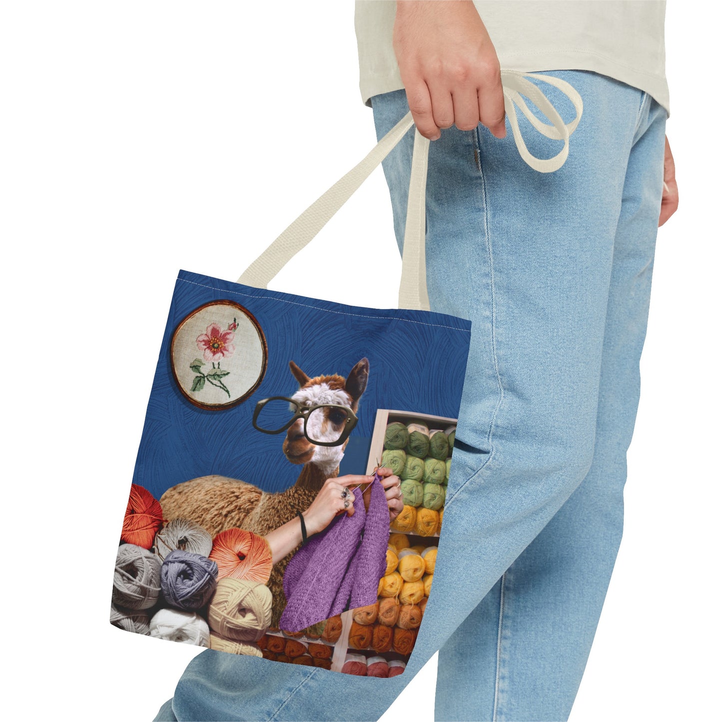 Whimsical Funky Llama Tote Bag: "Llama Tried" - Wearing Glasses and Knitting in Yarn Shop