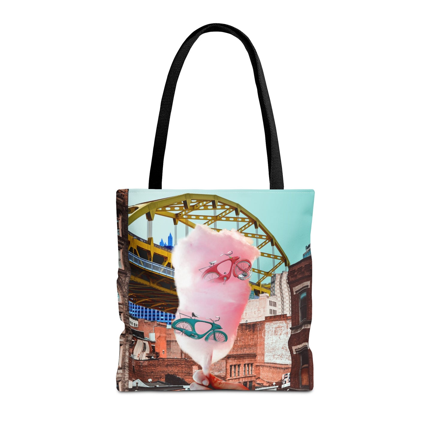 Sweet Ride Pittsburgh Landscape Tote Bag with Cotton Candy and Vintage Bicycles