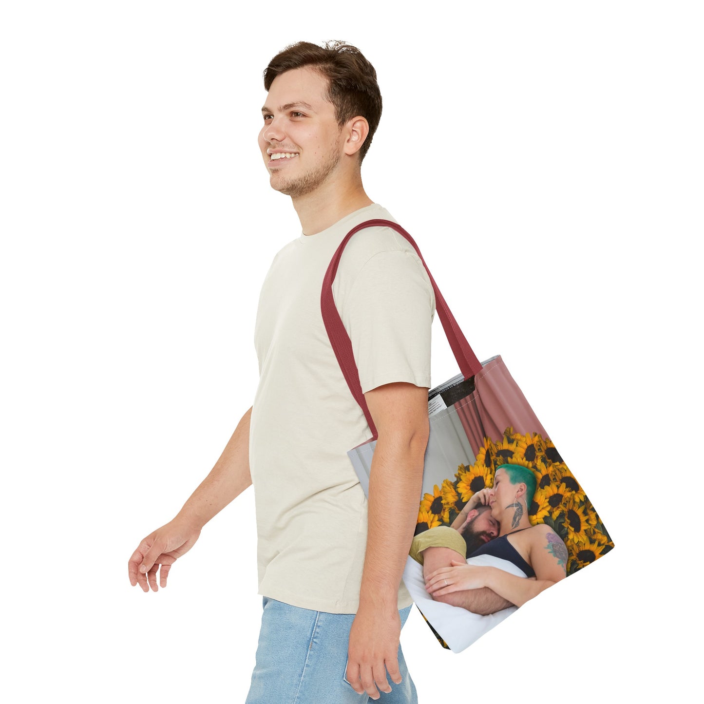 Tranquil Sunflowers Around Cuddling Couple Tote Bag Surreal Art - Loving Design "Sunflowers In Your Room"