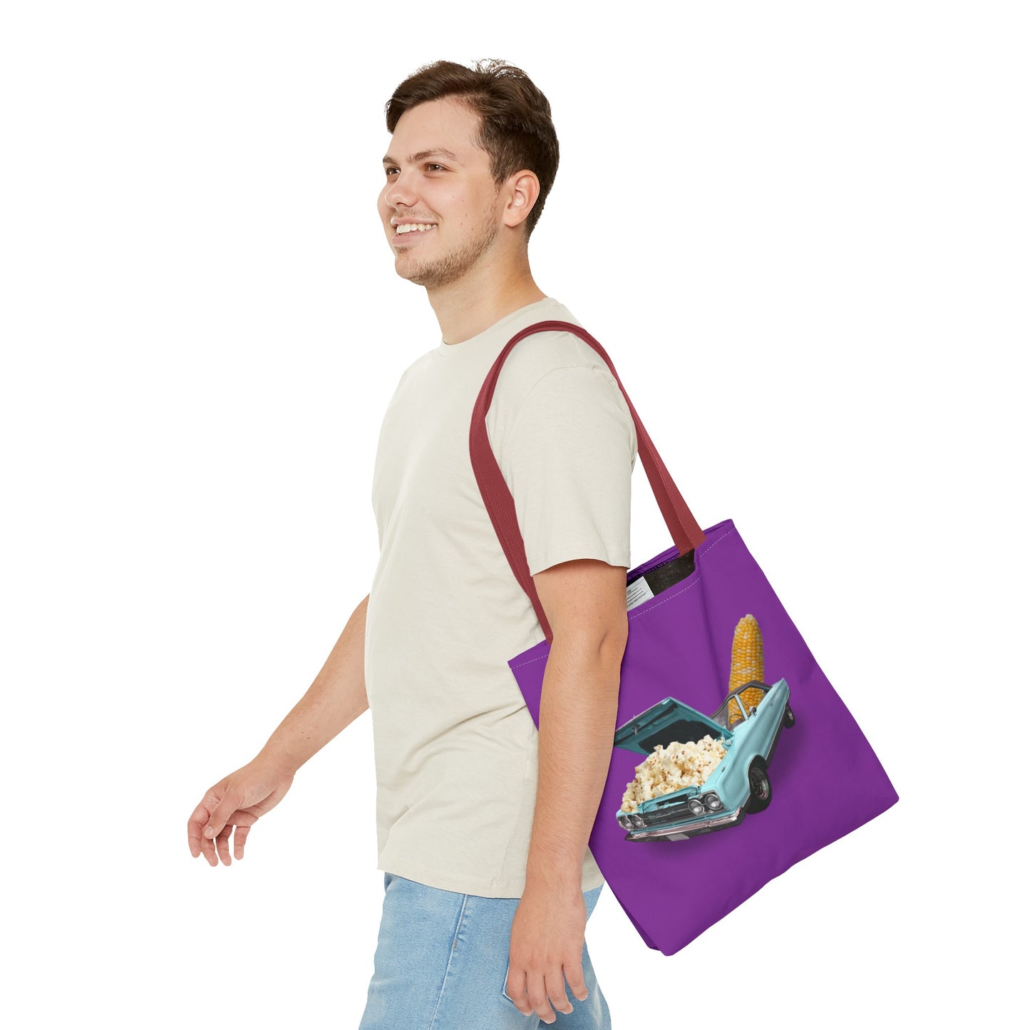 Quirky Tote Bag with Surreal Popcorn Car Art Print - Poppin' Ride