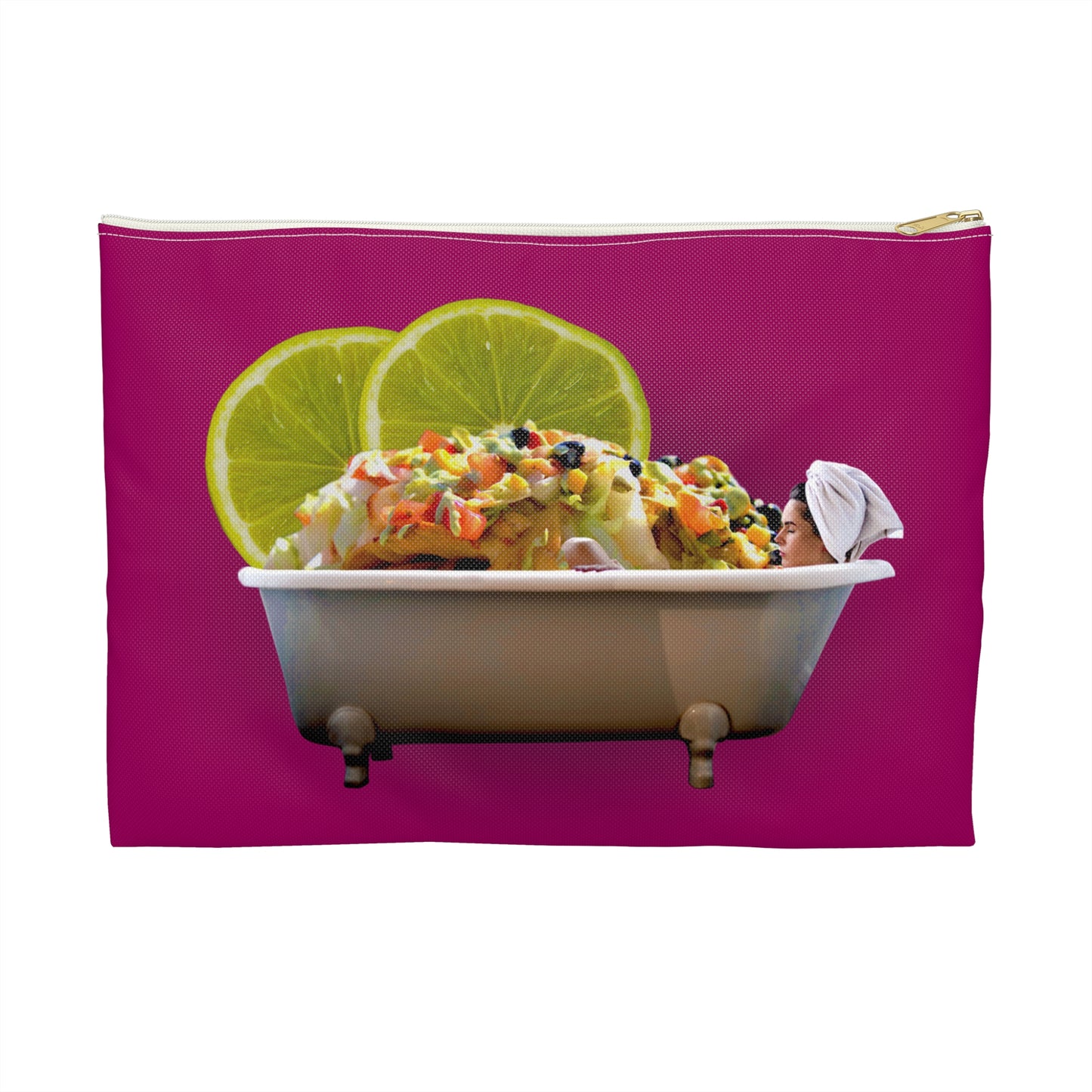 Food Lover's Delight Accessory Pouch - Woman Soaking in Bathtub with Burrito and Lime Wedges