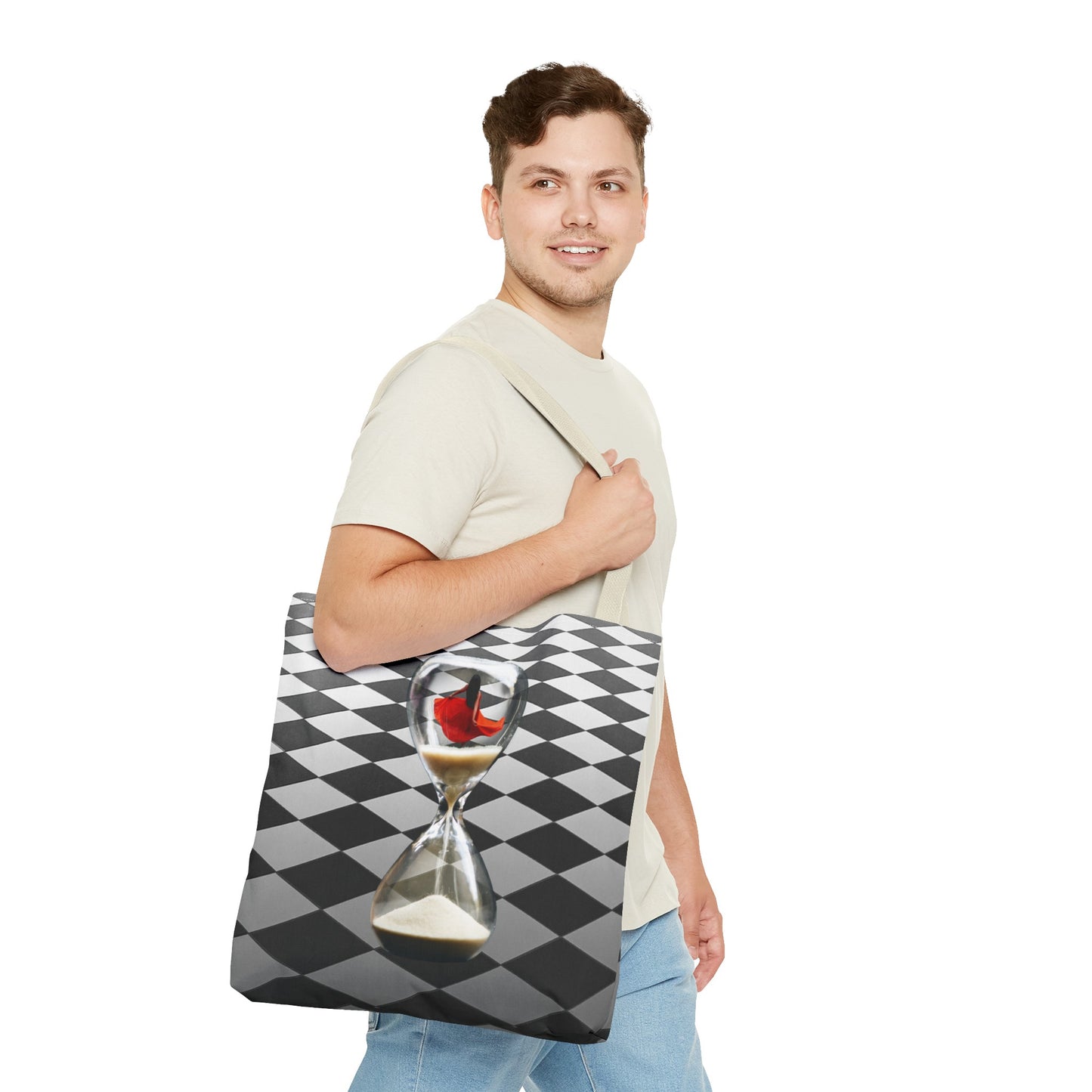 Red Dress Dancer Tote Bag - Surreal Art Checkerboard Design - Dance Through Life