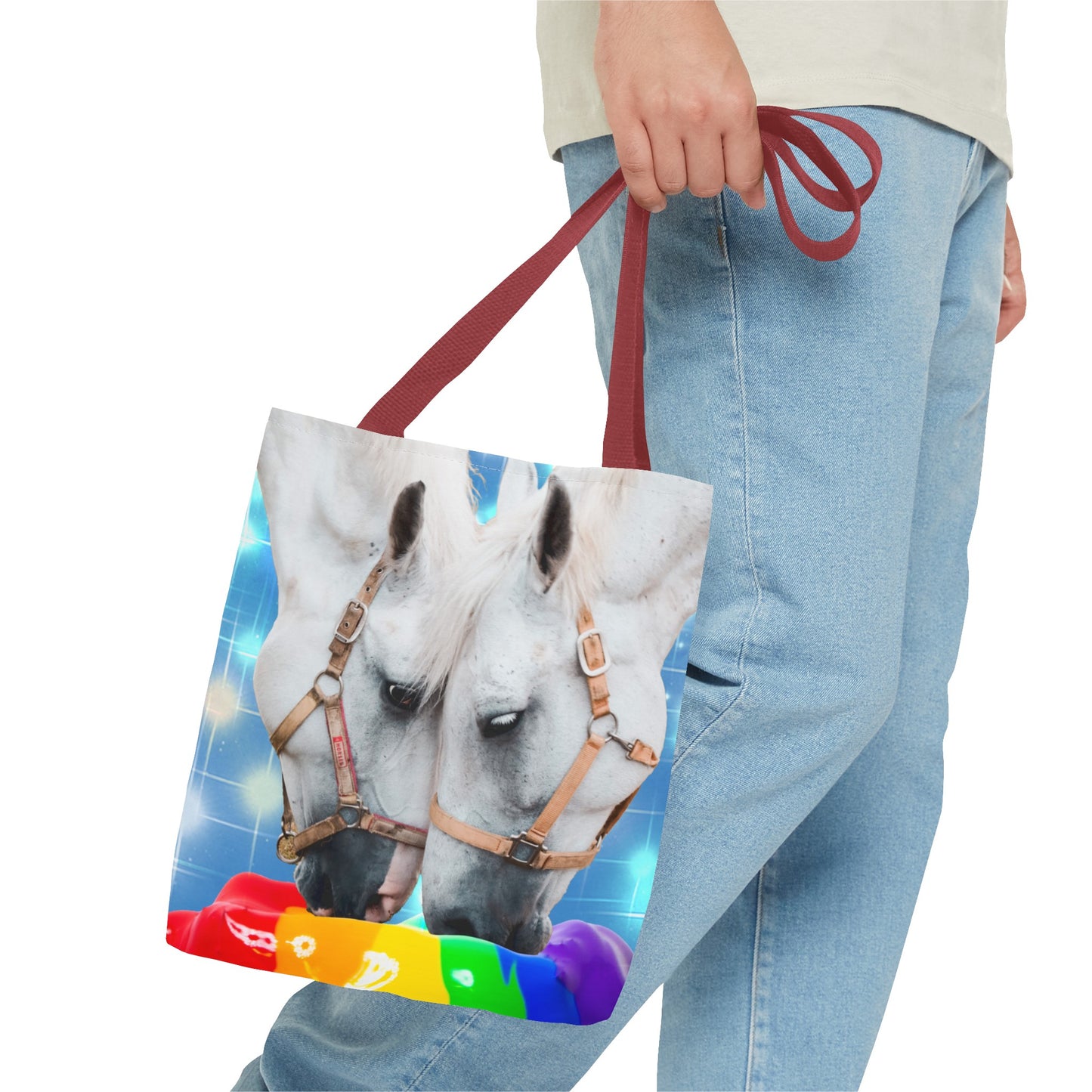 Unique Tote Bag "Pooping Rainbows" Art - White Horses Eating Rainbow Feed