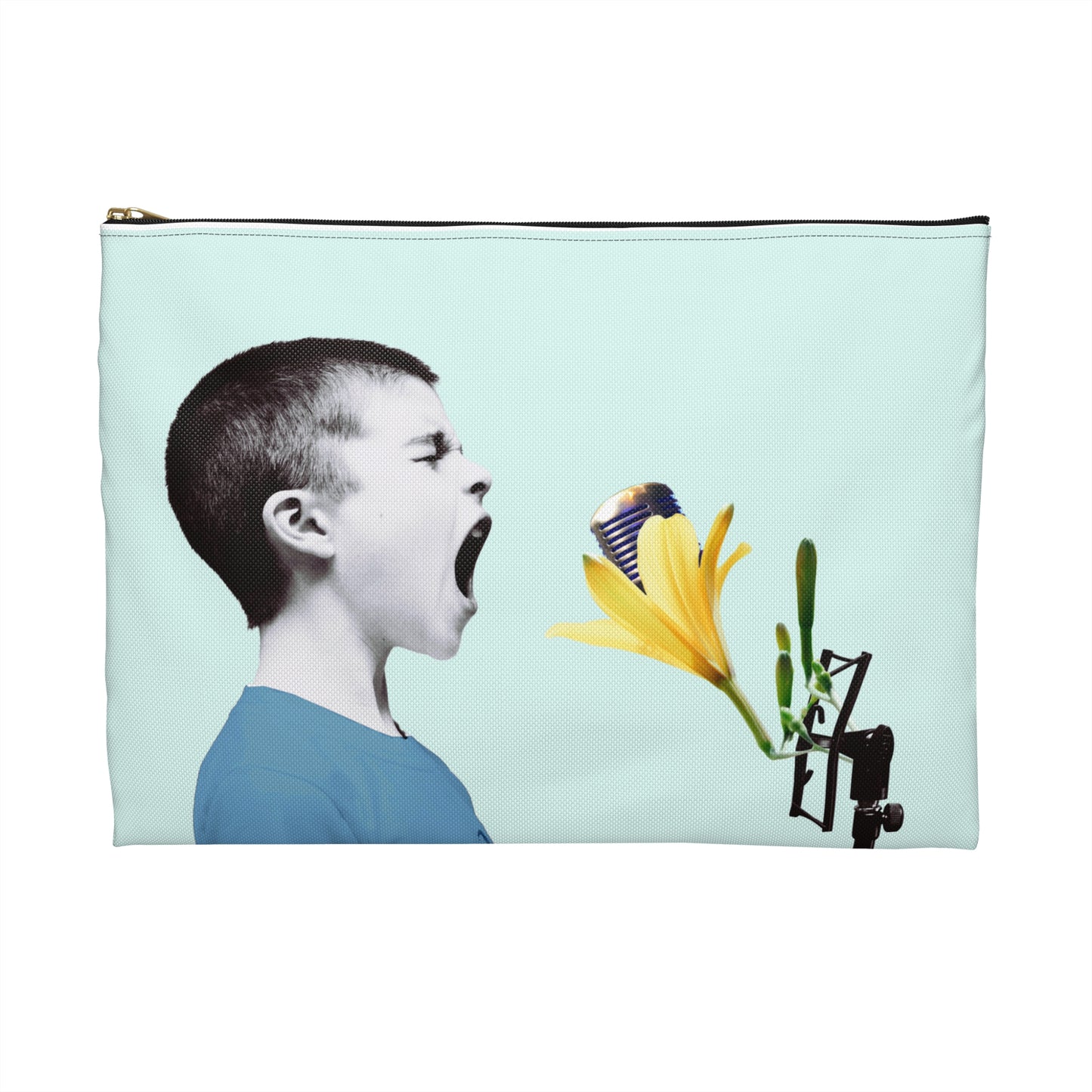 Nature Sounds Collage Art Accessory Pouch with Boy's Whimsical Floral Microphone Serenade