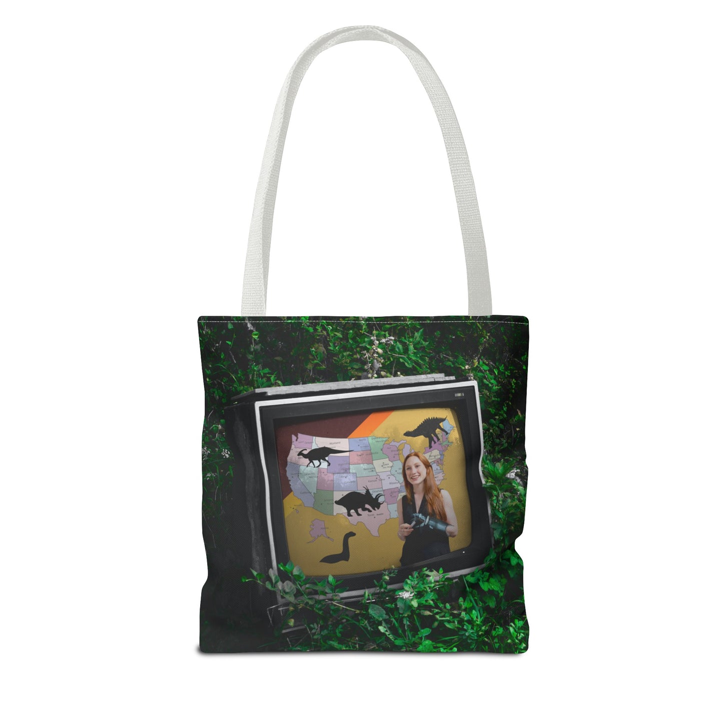 Unique Dystopian TV Scene Tote Bag with Weather Girl & Dinosaurs Map