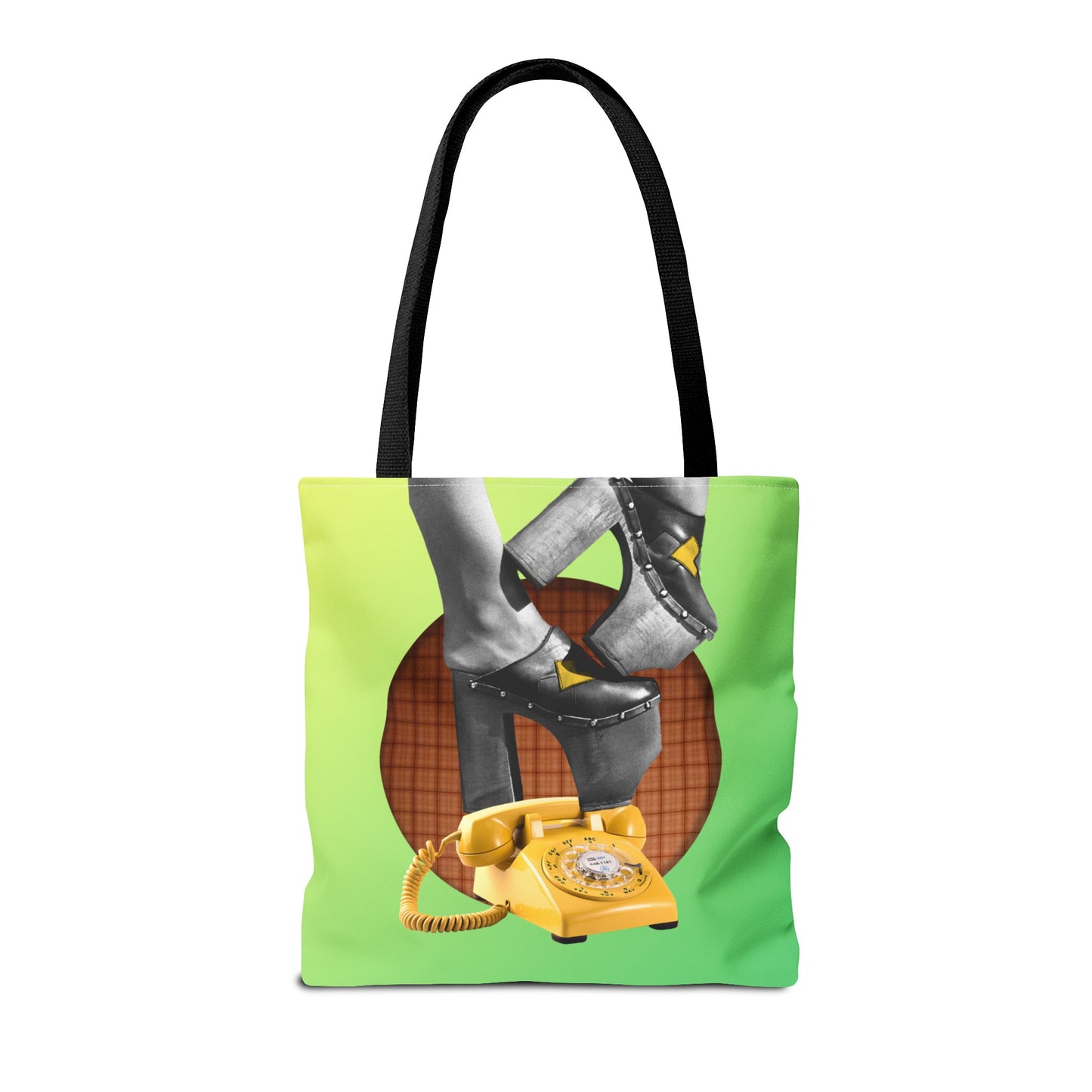 Playful Tote Bag with Collage Art "Hold My Calls" - 70's Platform Shoes and Yellow Rotary Phone