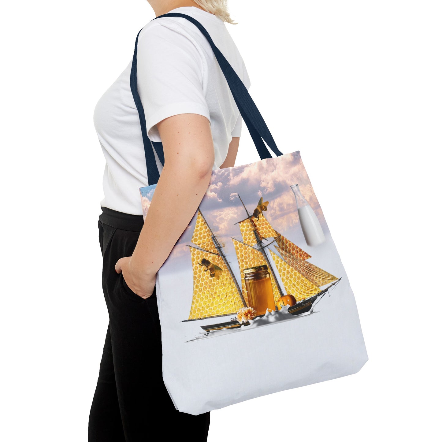 Tote Bag, Bees at Sea on Honeycomb Ship 'Milk & Honey' Surreal Whimsical Collage Art