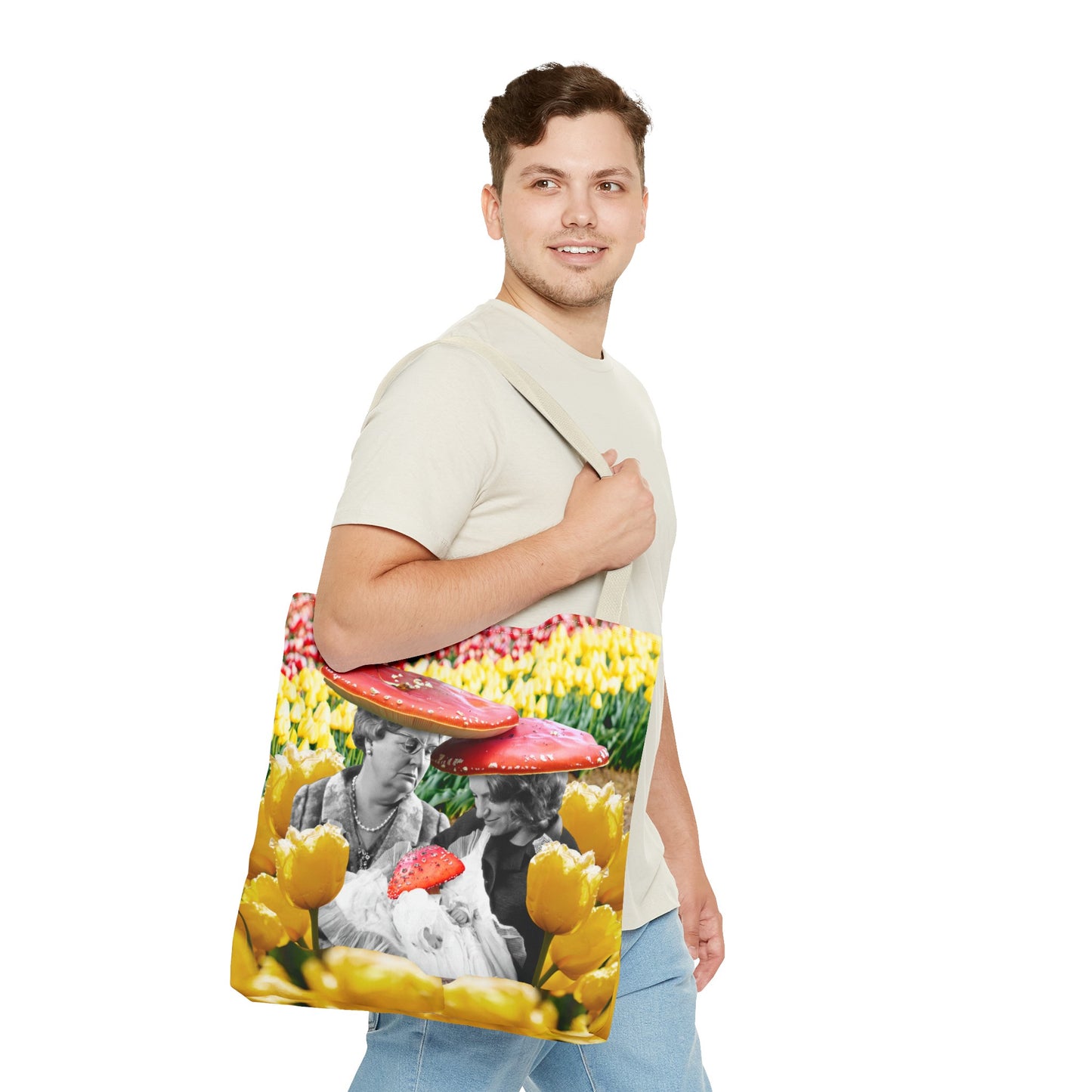 Happy Mushroom Family All Over Print Tote Bag - Surreal Collage Art "Nana's Little Mushroom" in a Field of Tulips