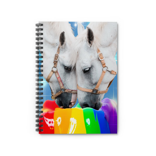 Surreal Collage Art Spiral Notebook - 'Pooping Rainbows' White Horses in Starry Sparkle