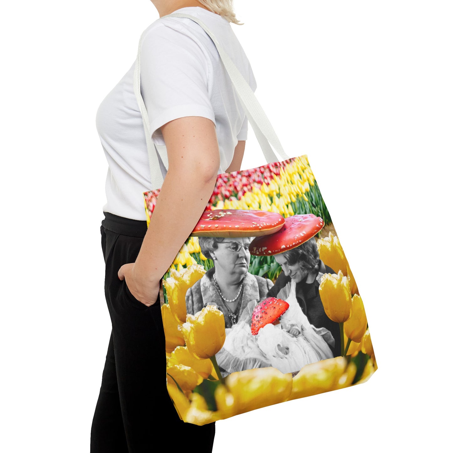Happy Mushroom Family All Over Print Tote Bag - Surreal Collage Art "Nana's Little Mushroom" in a Field of Tulips