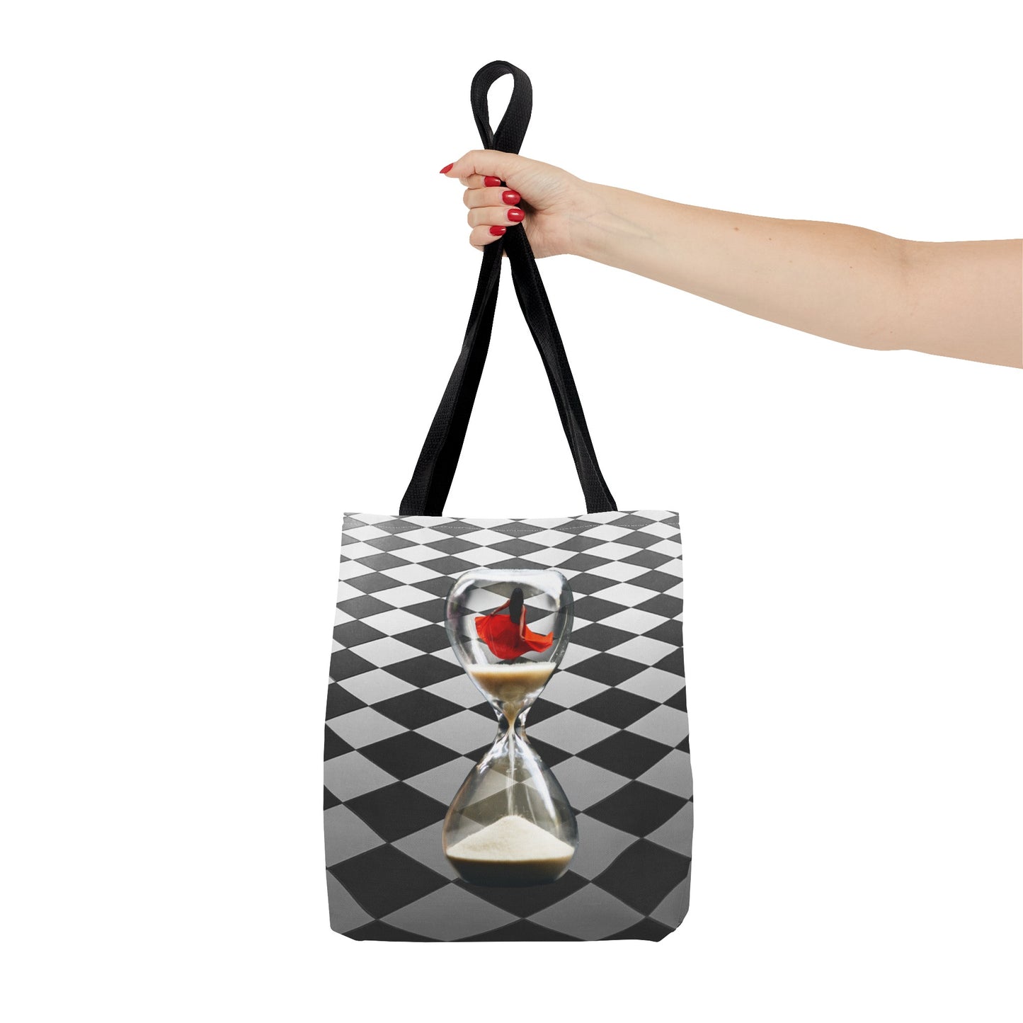 Red Dress Dancer Tote Bag - Surreal Art Checkerboard Design - Dance Through Life