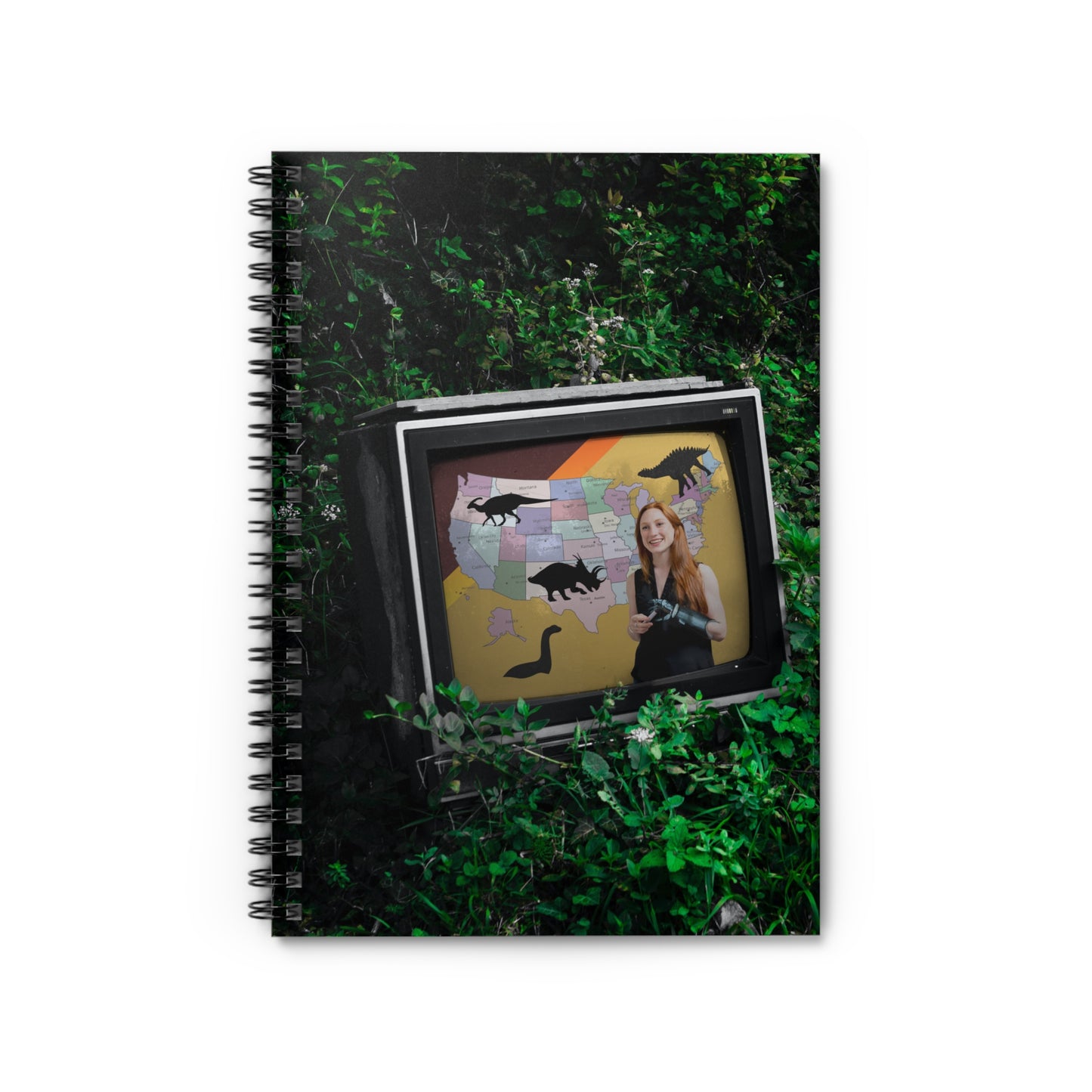 Dystopian Field Spiral Notebook with Weather Girl Map of Dinosaurs on TV