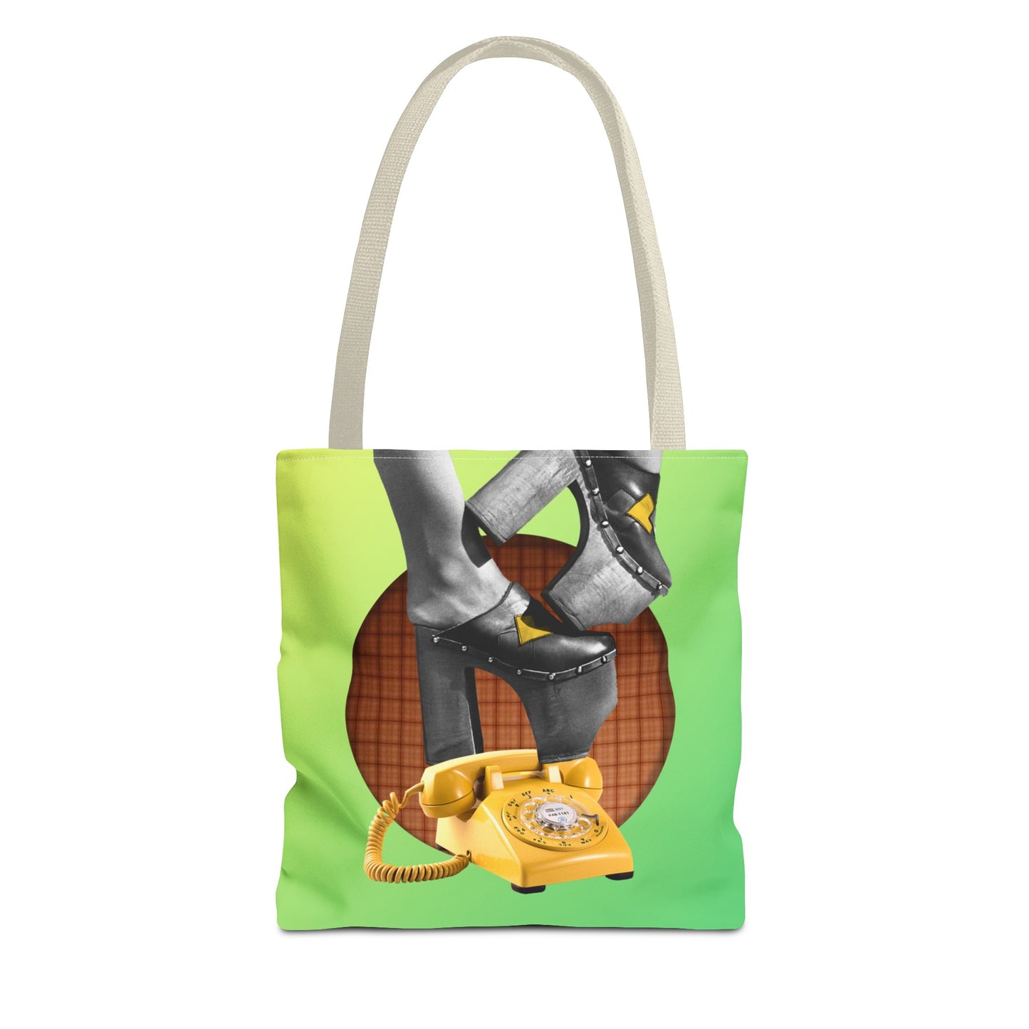 Playful Tote Bag with Collage Art "Hold My Calls" - 70's Platform Shoes and Yellow Rotary Phone