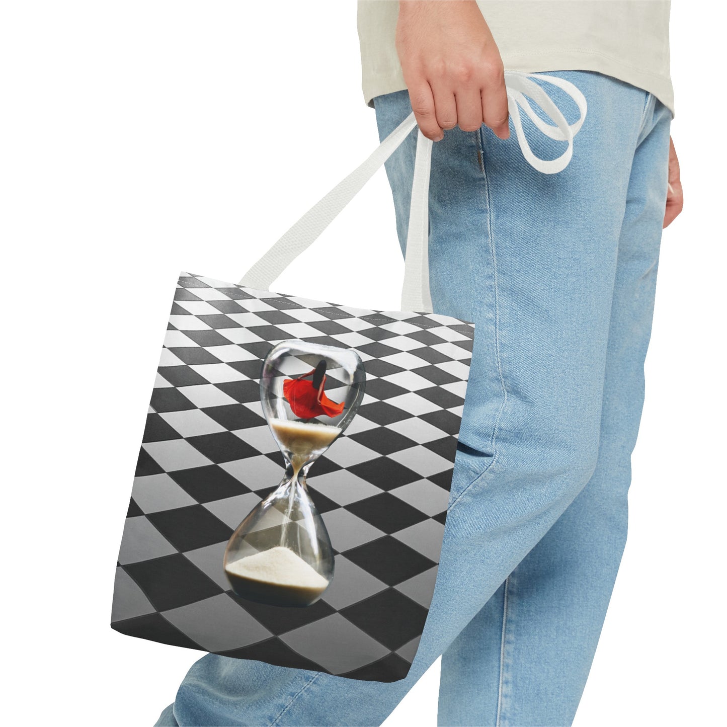Red Dress Dancer Tote Bag - Surreal Art Checkerboard Design - Dance Through Life