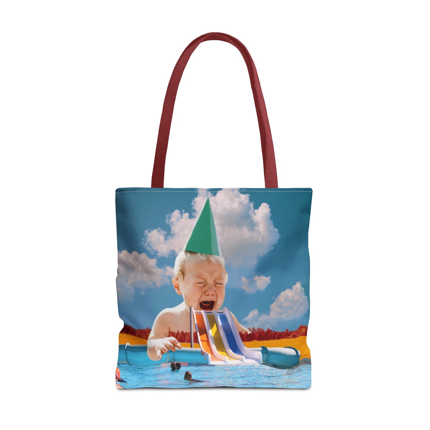 Vibrant Pool Party Beach Tote Bag - Surreal Art Print - Giant Baby and Colorful Pool Slide