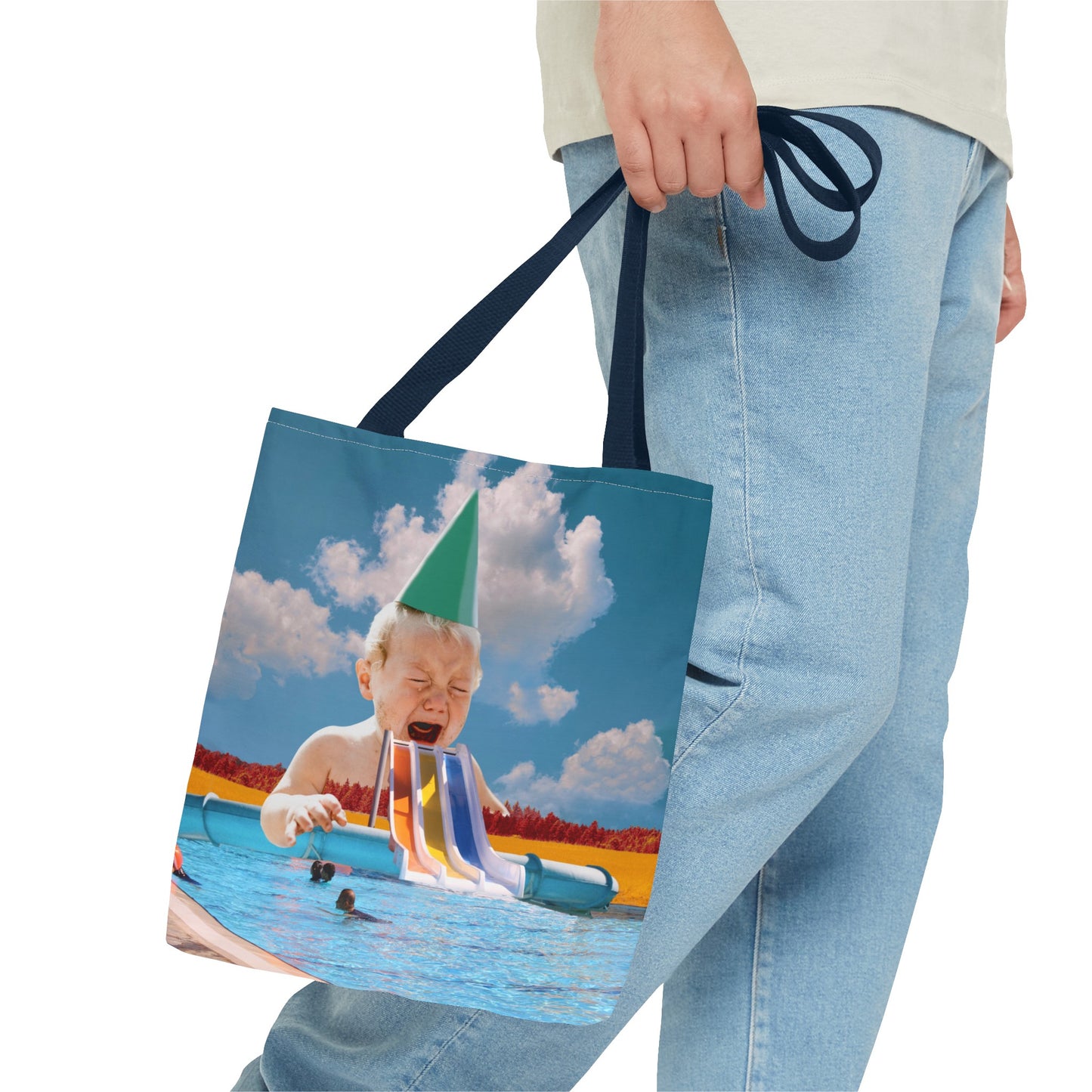 Vibrant Pool Party Beach Tote Bag - Surreal Art Print - Giant Baby and Colorful Pool Slide