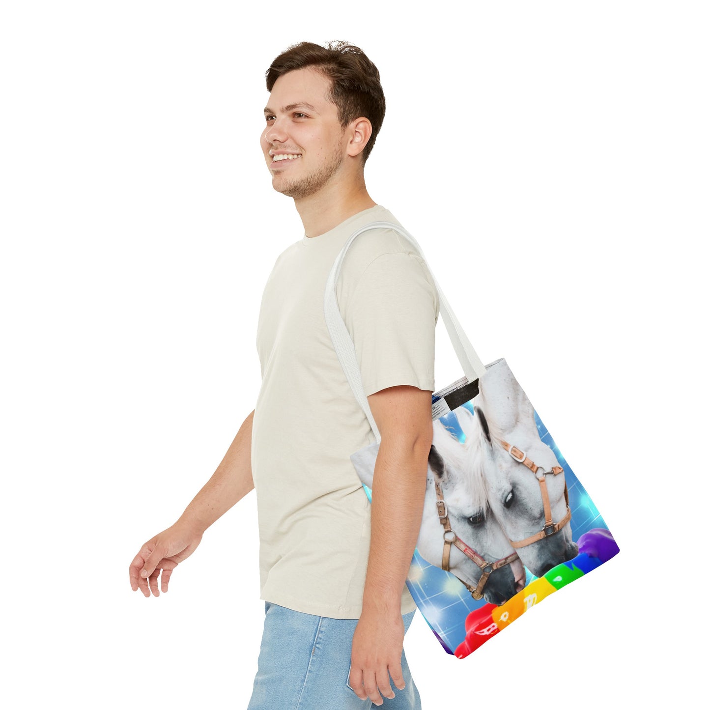 Unique Tote Bag "Pooping Rainbows" Art - White Horses Eating Rainbow Feed