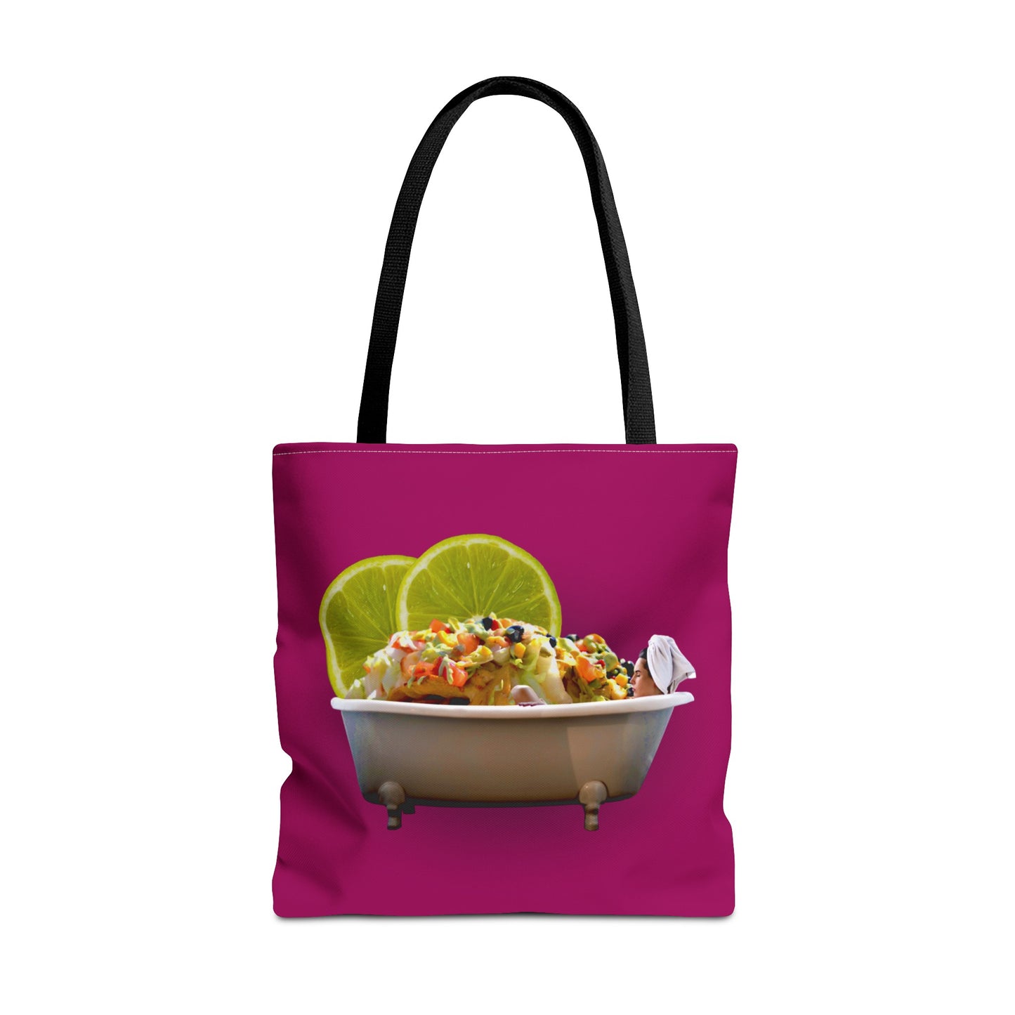 Food Lover's Delight: Woman Soaking in Bathtub with Burrito Tote Bag
