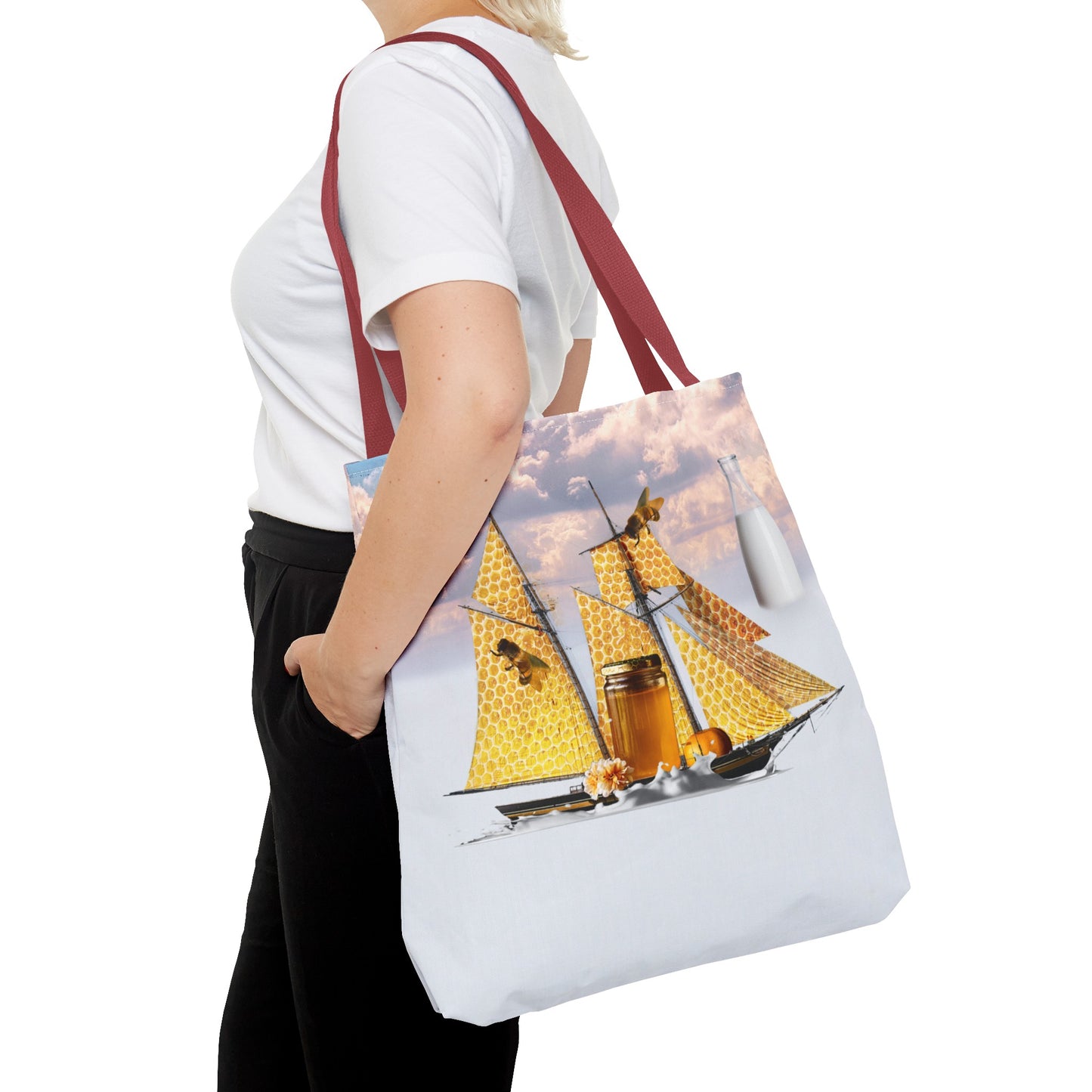 Tote Bag, Bees at Sea on Honeycomb Ship 'Milk & Honey' Surreal Whimsical Collage Art