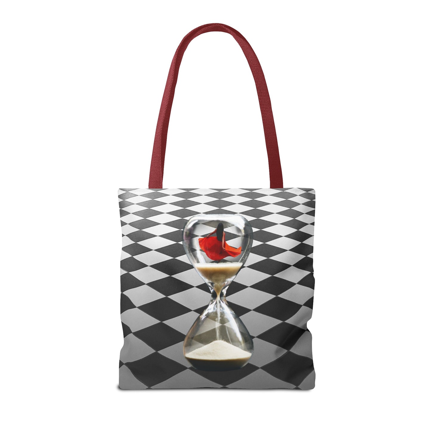 Red Dress Dancer Tote Bag - Surreal Art Checkerboard Design - Dance Through Life